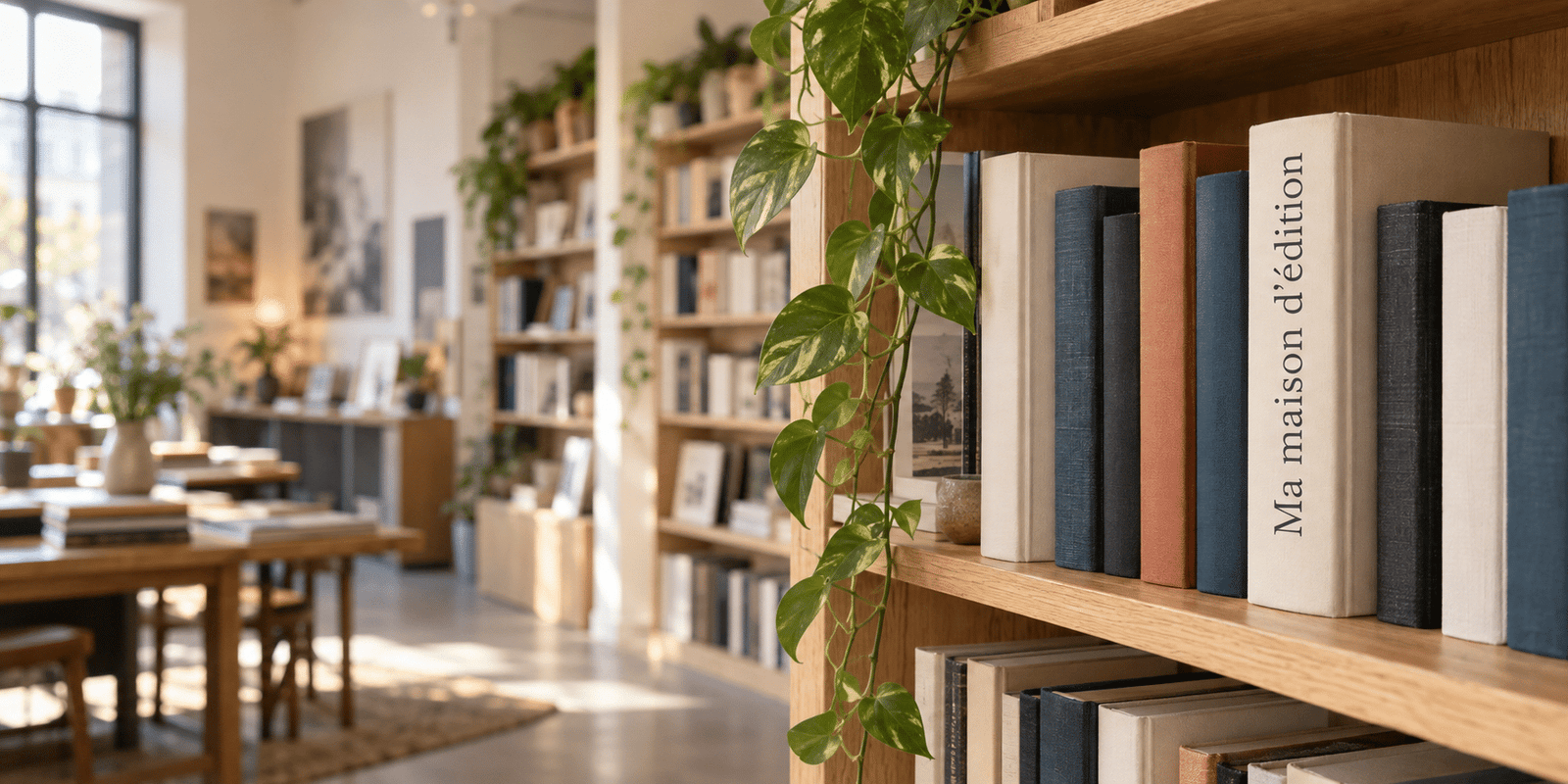Rayon de librairie présentant un livre intitulé Ma maison d’édition