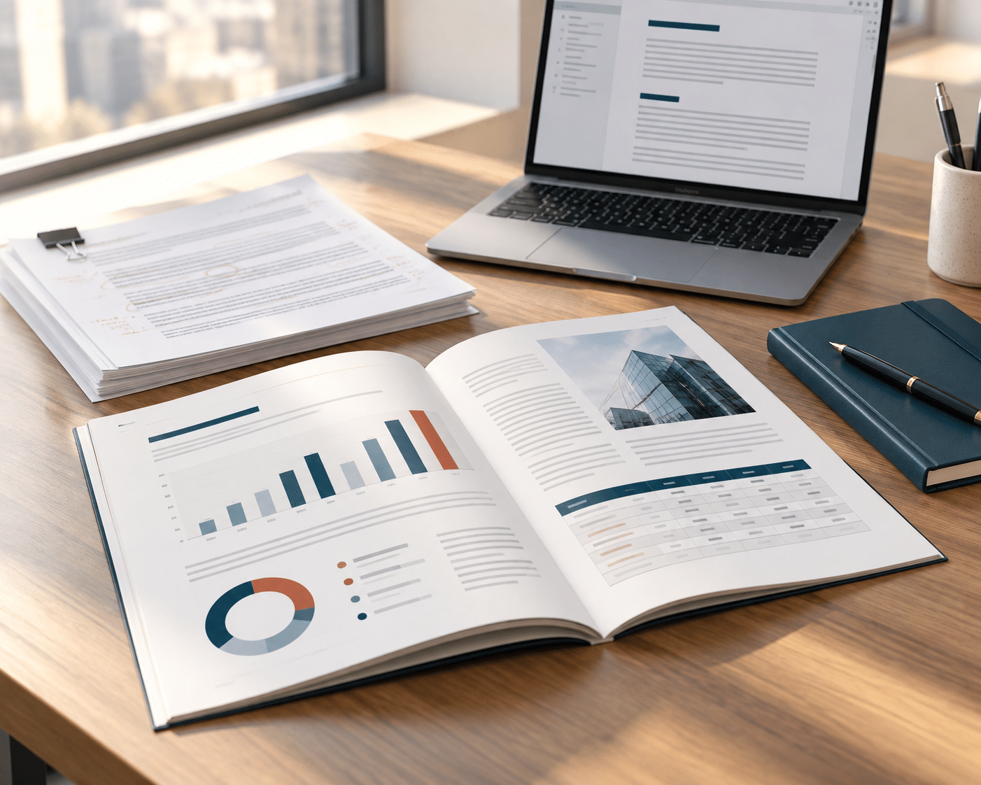 Rapport professionnel mis en page, tableaux, graphiques et documents en cours de révision