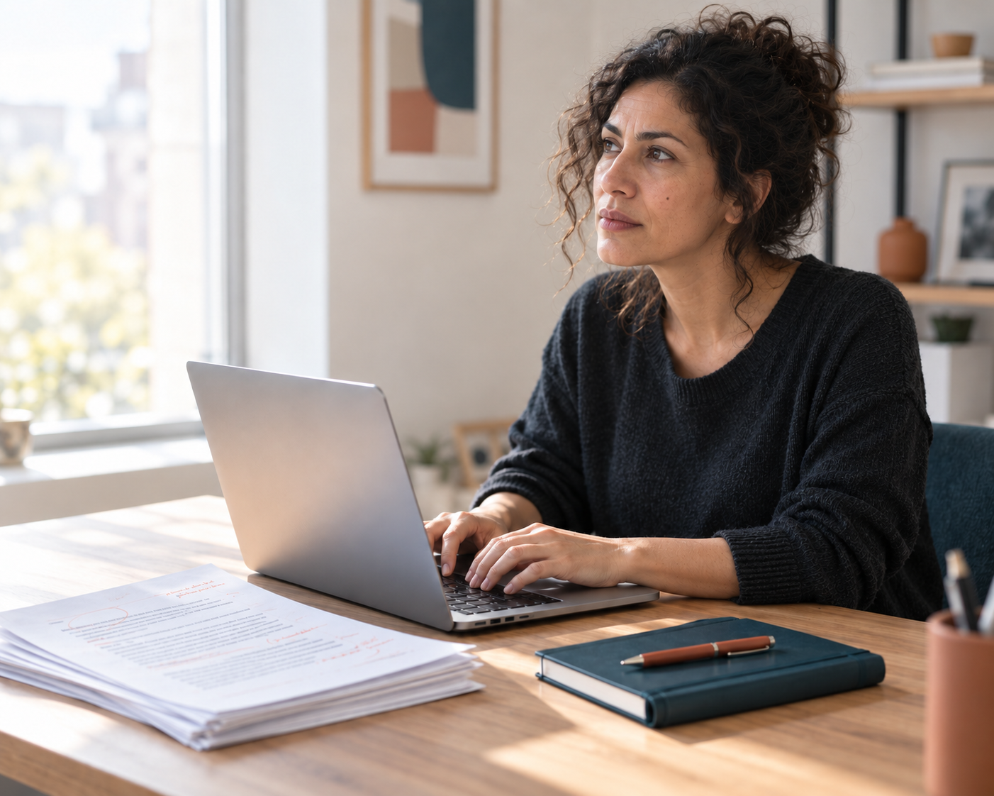 Autrice travaillant sur son manuscrit devant son ordinateur