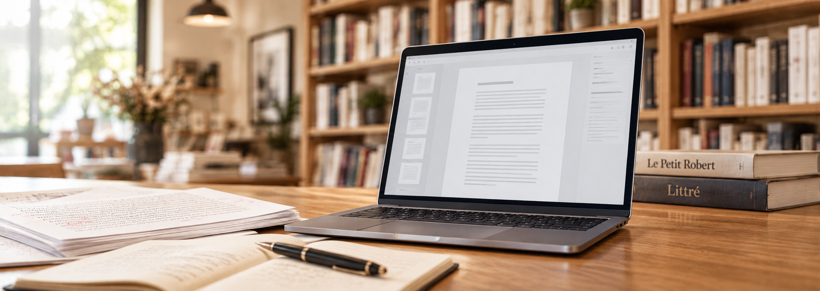 Livres, manuscrit annoté, carnet et ordinateur dans un espace de travail consacré à l’édition
